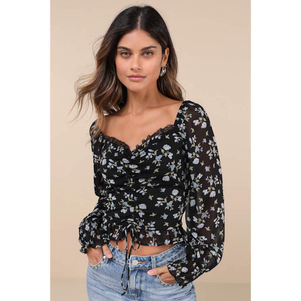Lulus Feeling So Sweet Black Floral Ruched Ruffled Long Sleeve Top - Size XL